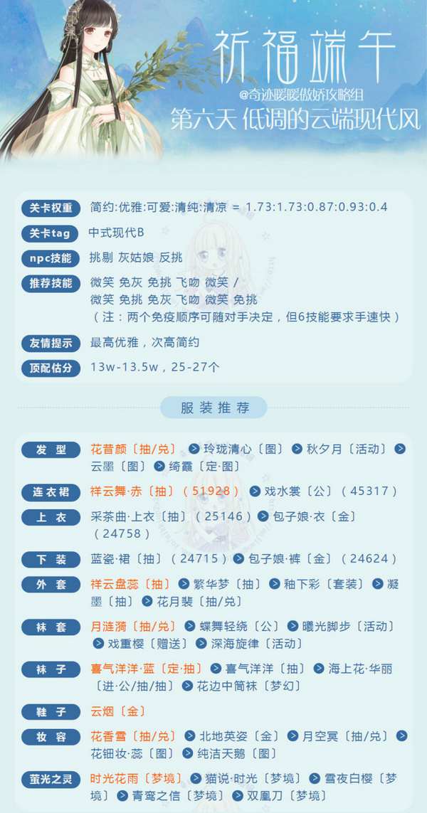奇迹暖暖2017祈福端午第六天攻略 奇迹暖暖祈福端午低调的云端现代风高分搭配